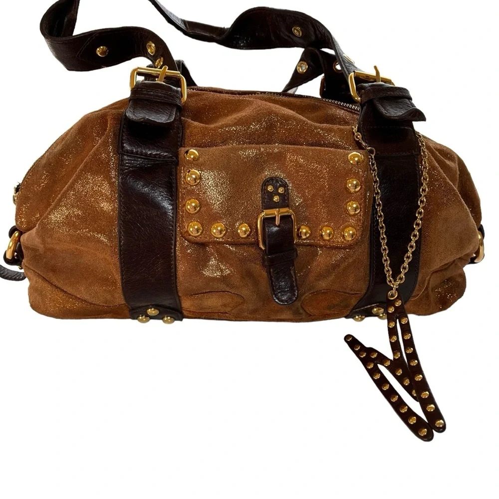 MARCIANO Metallic Brown Kid Skin and Leather Satchel Shoulder Bag Purse PreOwned - Picture 1 of 10